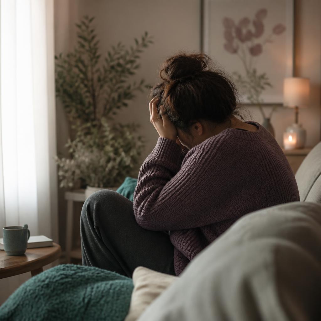 A woman sitting quietly, holding her head in her hands — the weight of surviving