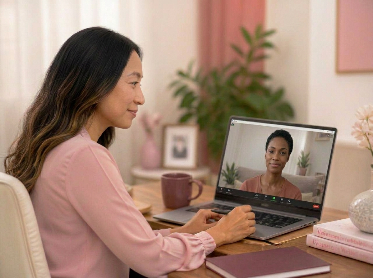 Dr. Sisi on a video coaching call with a client from her warm home office