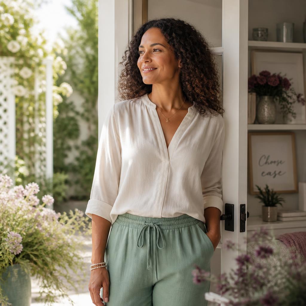 A woman standing in a sunlit doorway, relaxed and smiling — a life of living