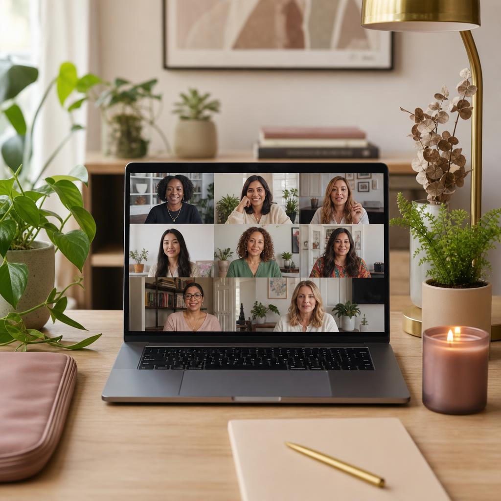 A laptop screen showing a virtual circle of eight diverse women in their late thirties to early fifties, gathered from curated modern home offices filled with plants, warm wood, and soft mauve and sage tones