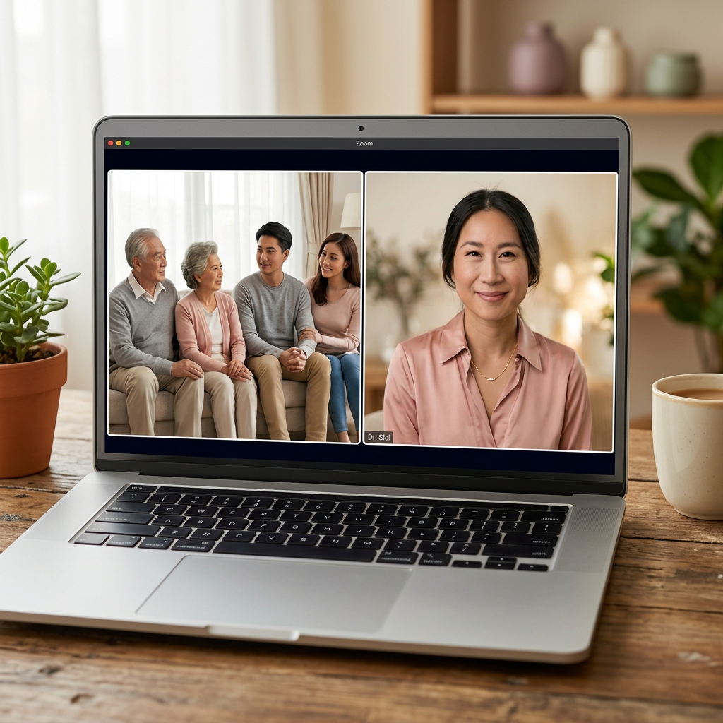 Laptop showing a warm virtual session with a multigenerational family on one side and Dr. Sisi on the other, in a softly styled home office