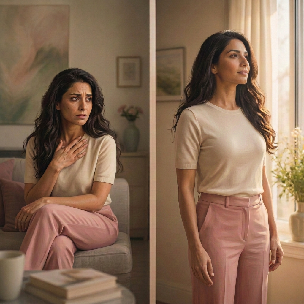 The same woman shown in two states: uncertain and worried, then standing tall in the light — a visual arc from fear to confidence